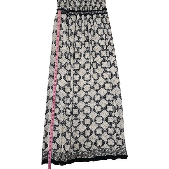 Max Studio Womens Smocked Maxi Dress M Geometric Butterfly Black Ivory Boho - Picture 11 of 12